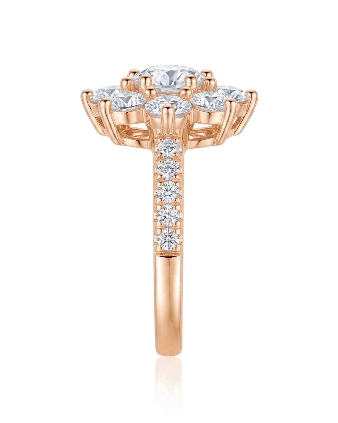 D colorless round moissanite ring framed by brilliant cluster stones in 18K rose gold | SARATTI
