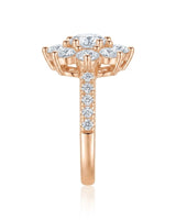 D colorless round moissanite ring framed by brilliant cluster stones in 18K rose gold | SARATTI