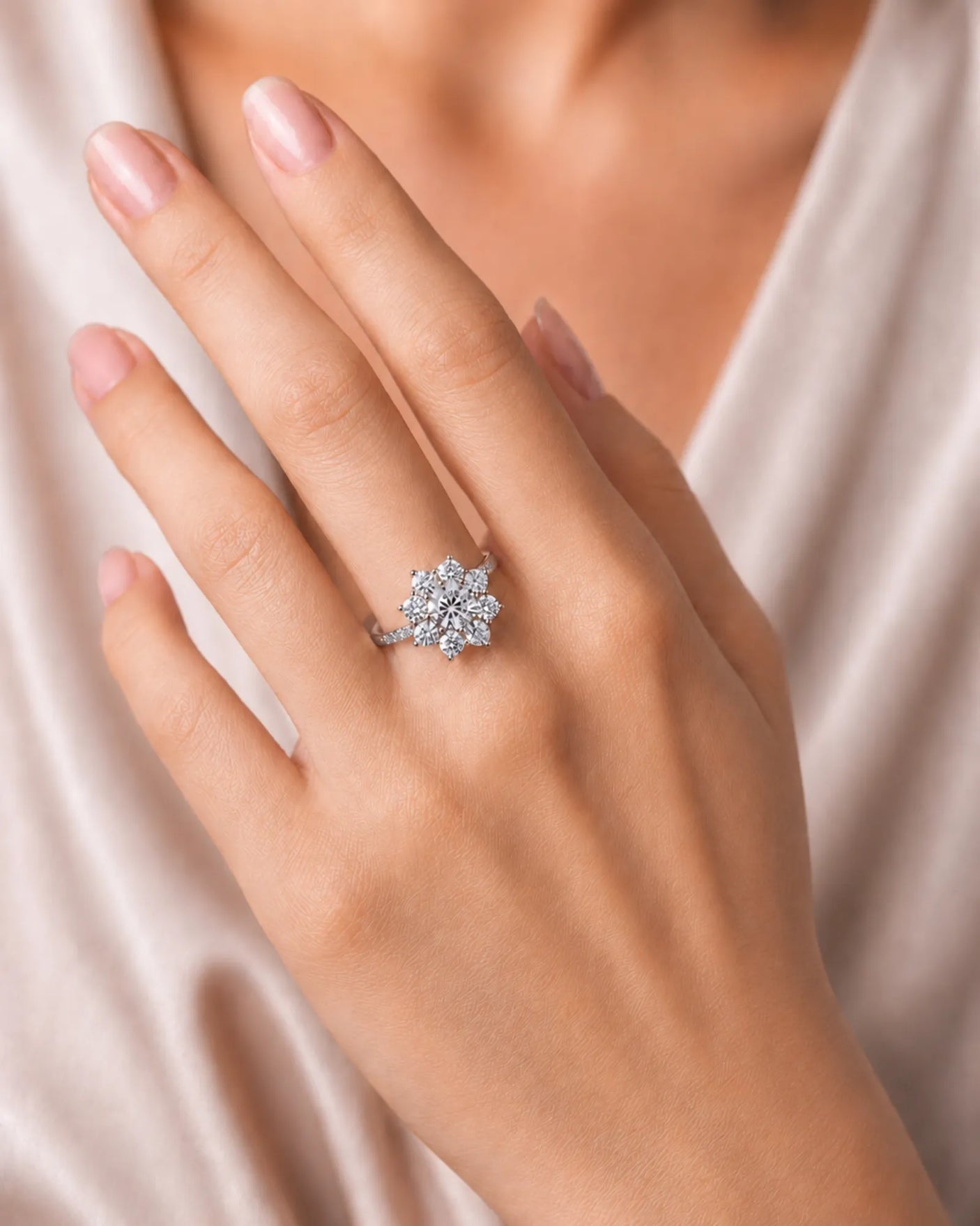 D colorless round moissanite ring framed by brilliant cluster stones in 18K white gold | SARATTI
