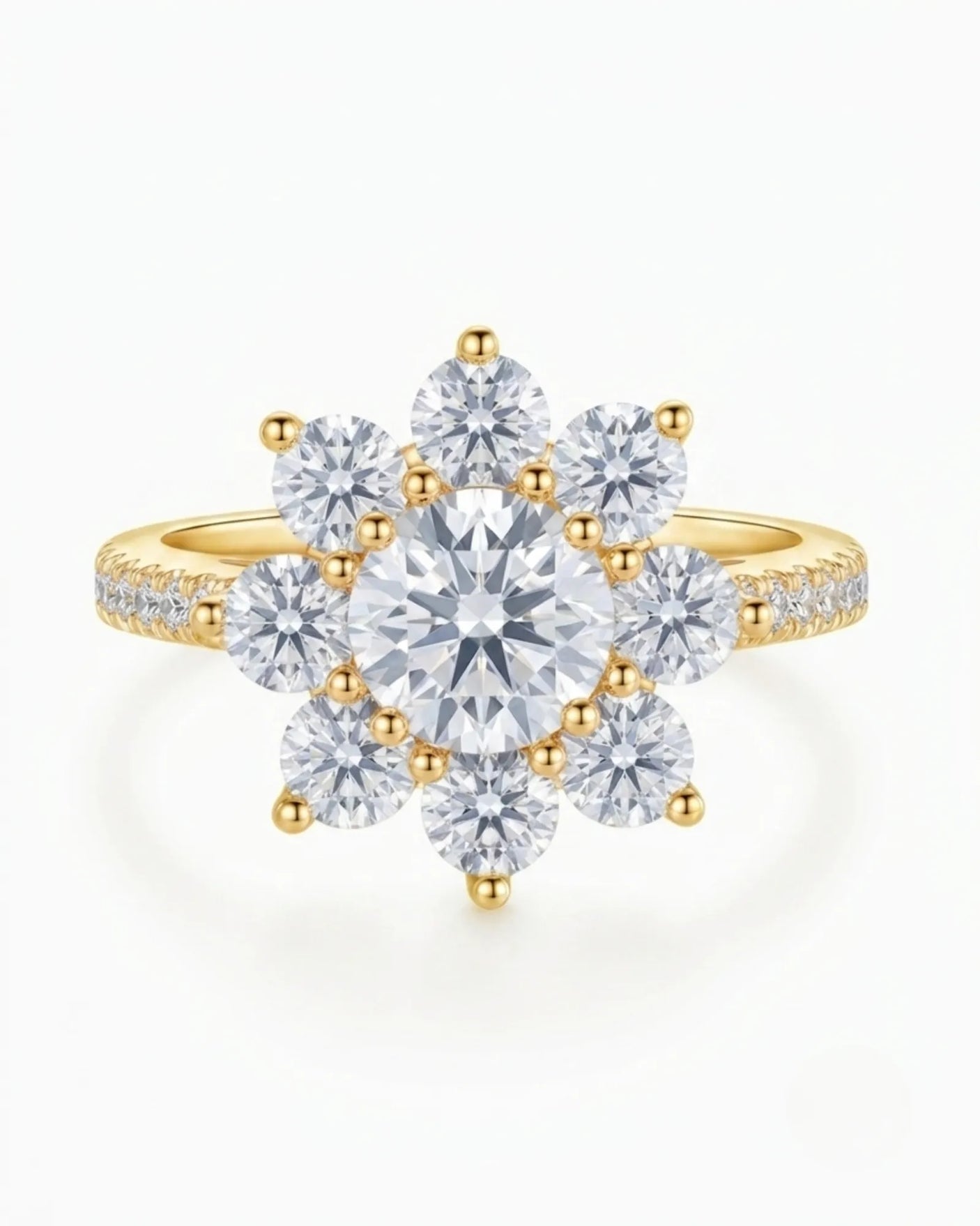 D colorless round moissanite ring framed by brilliant cluster stones in 18K yellow gold | SARATTI