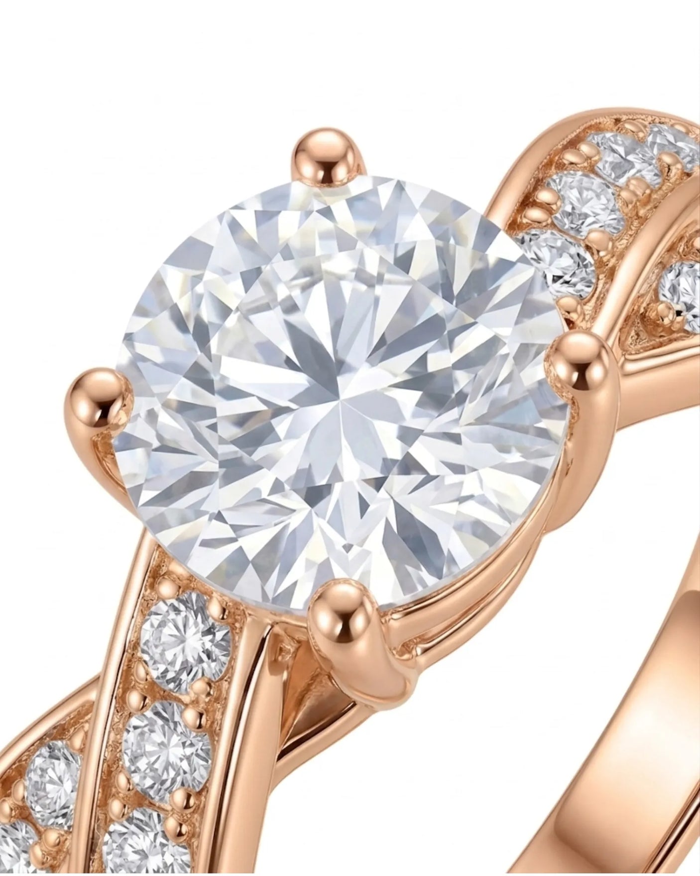 D colorless round moissanite ring with brilliant side stones in romantic 18K rose gold | SARATTI