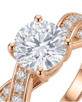 D colorless round moissanite ring with brilliant side stones in romantic 18K rose gold | SARATTI