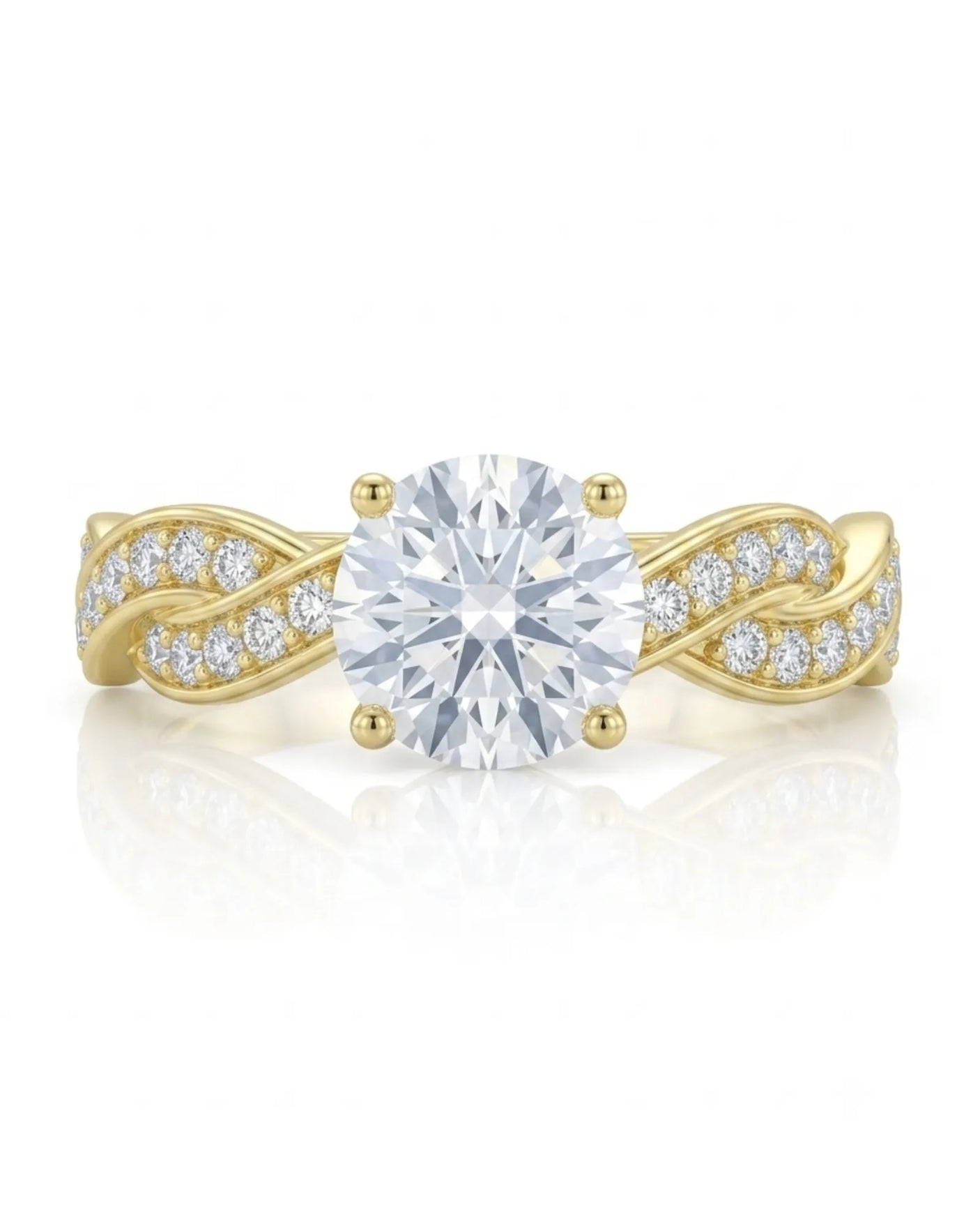 D colorless round moissanite ring with brilliant side stones in warm 18K yellow gold | SARATTI