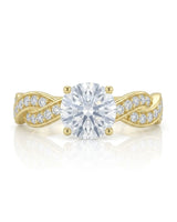 D colorless round moissanite ring with brilliant side stones in warm 18K yellow gold | SARATTI