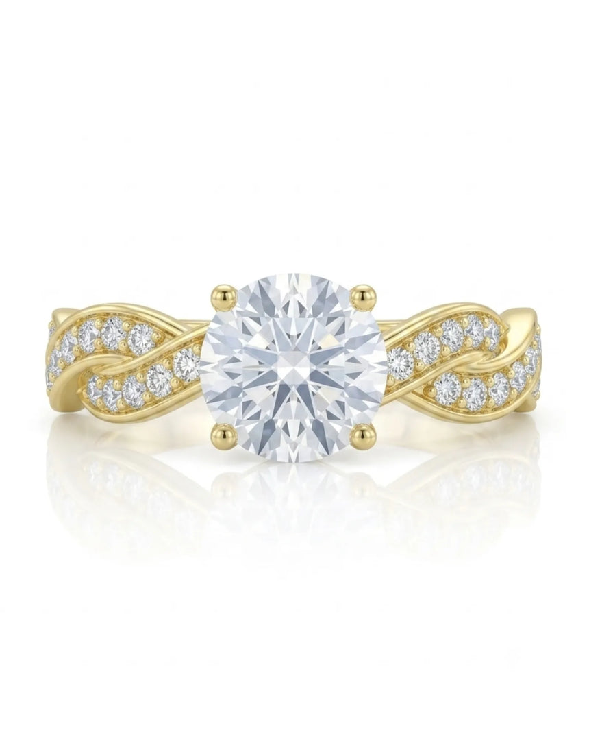 D colorless round moissanite ring with brilliant side stones in warm 18K yellow gold | SARATTI