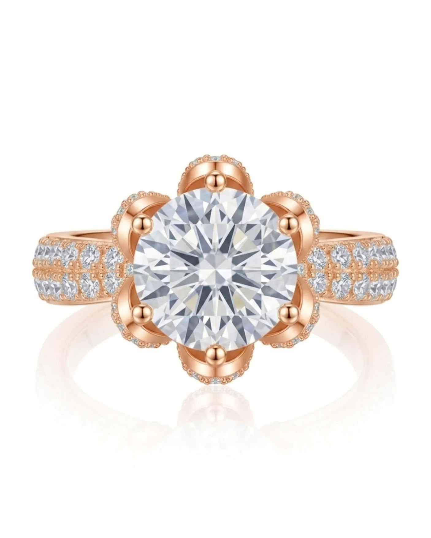 D colorless round moissanite ring with hidden halo and pavé side stones in 18K rose gold | SARATTI