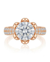 D colorless round moissanite ring with hidden halo and pavé side stones in 18K rose gold | SARATTI