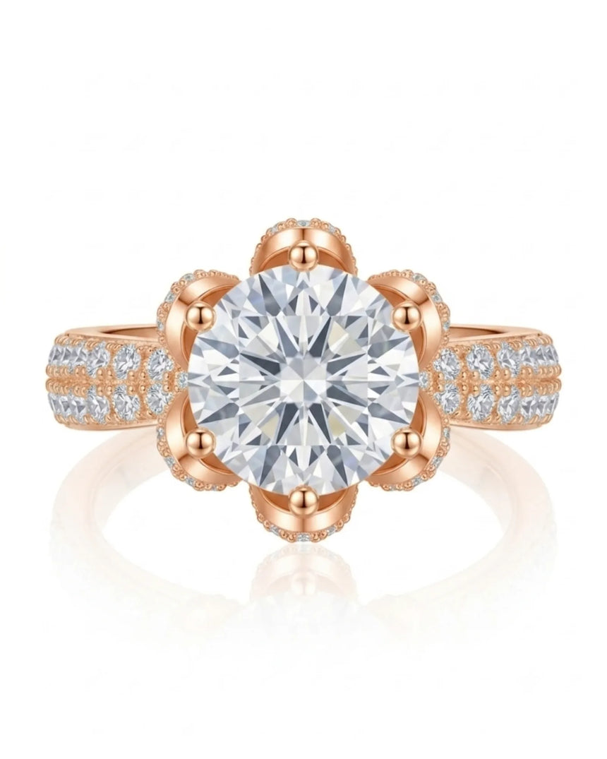 D colorless round moissanite ring with hidden halo and pavé side stones in 18K rose gold | SARATTI