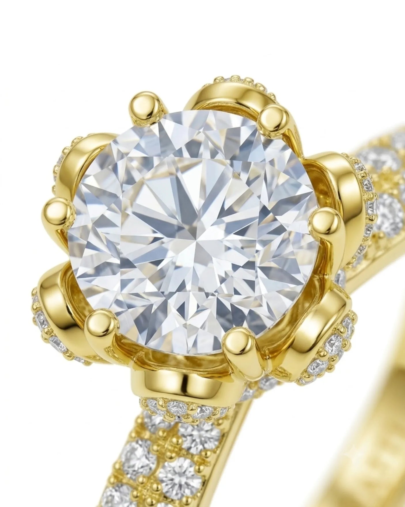D colorless round moissanite ring with hidden halo and pavé side stones in 18K yellow gold - SARATTI