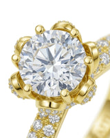 D colorless round moissanite ring with hidden halo and pavé side stones in 18K yellow gold - SARATTI