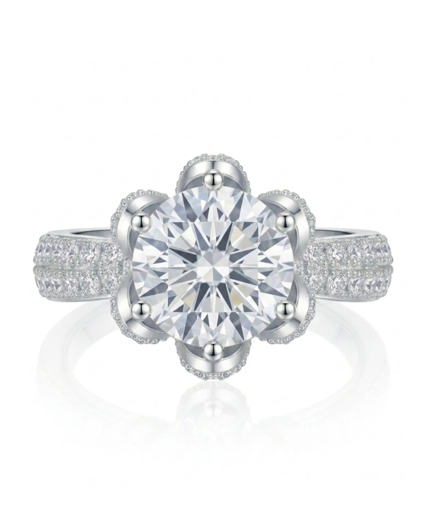 D colorless round moissanite ring with hidden halo and pavé side stones in platinum | SARATTI