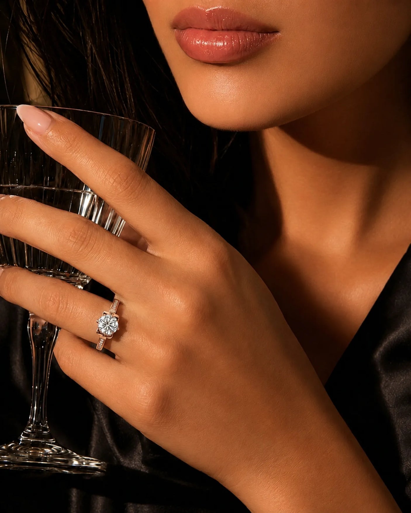 D colorless round moissanite ring with pavé shoulders and delicate fleur-de-lis details in 18K rose gold | SARATTI