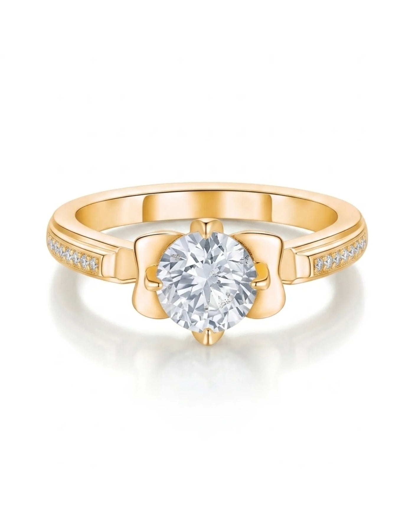 D colorless round moissanite ring with pavé shoulders and intricate fleur-de-lis details in 18K yellow gold | SARATTI