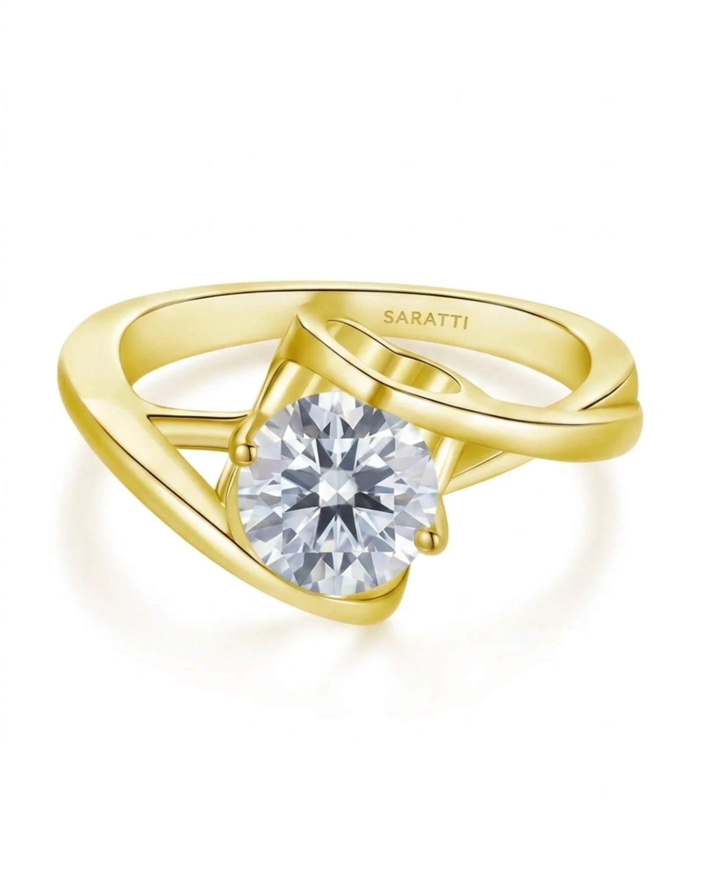 D colorless round moissanite solitaire held within a polished 18K yellow gold setting | SARATTI