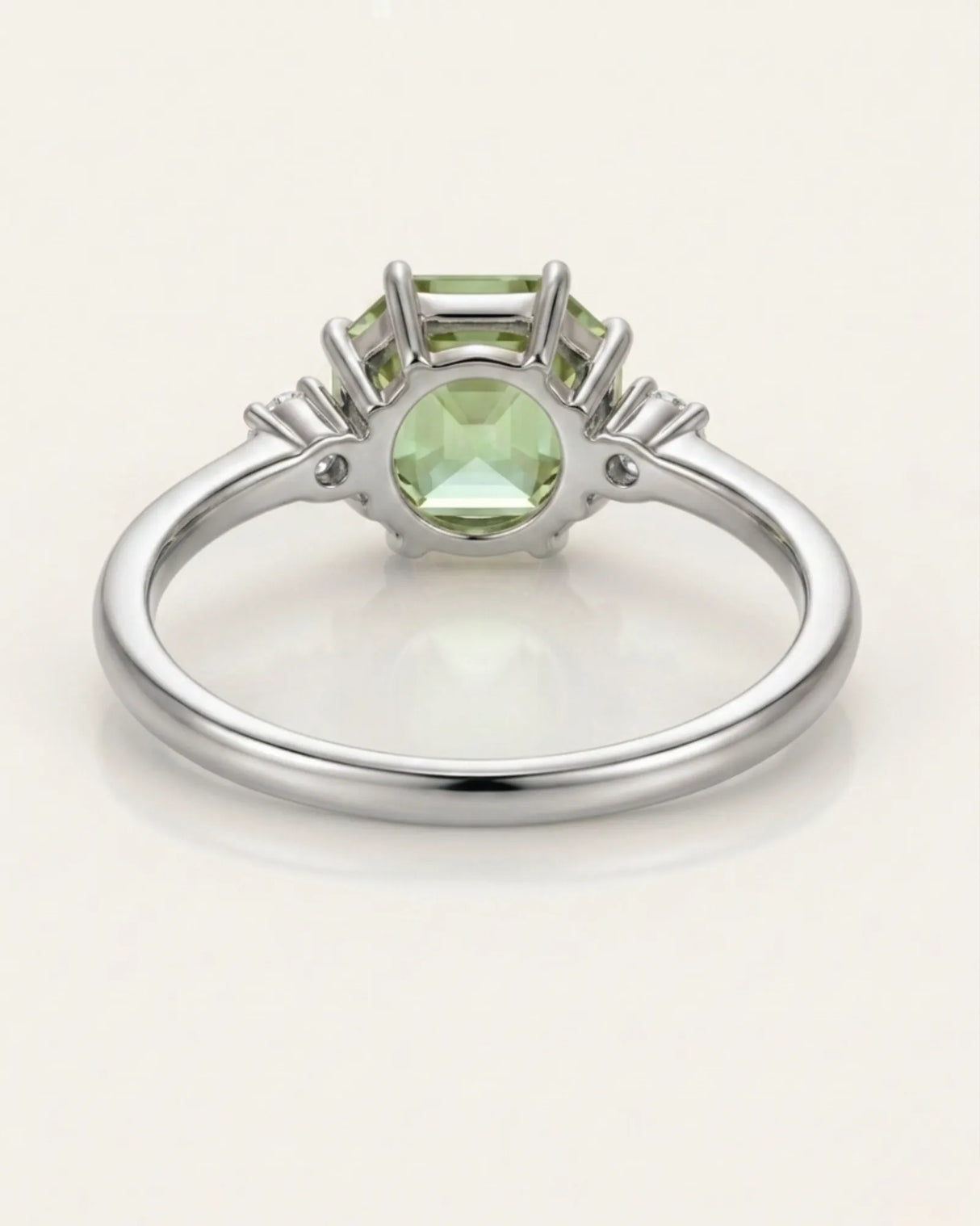 Dainty green tourmaline engagement ring with two diamonds in 18K white gold | SARATTI