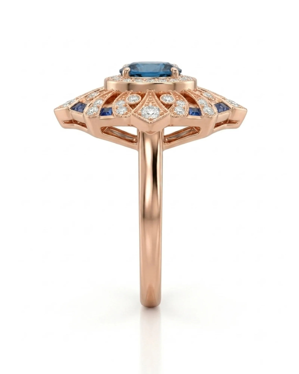 Deep London Blue oval topaz ring framed by round diamonds in 18K rose gold | SARATTI