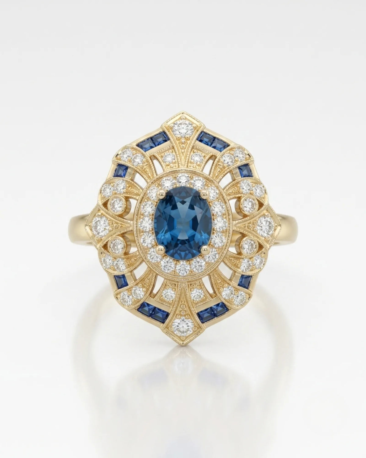 Deep London Blue oval topaz ring framed by round diamonds in 18K yellow gold | SARATTI
