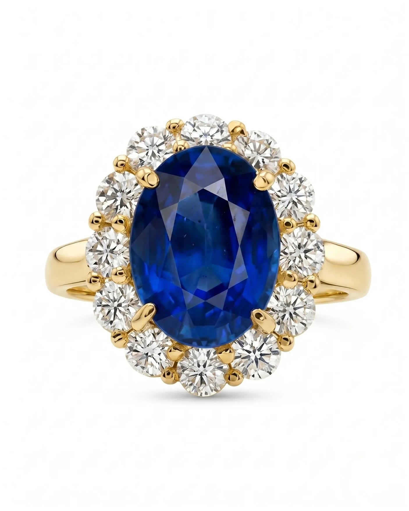 Deep blue oval sapphire ring with bright round diamonds in 18K yellow gold | SARATTI