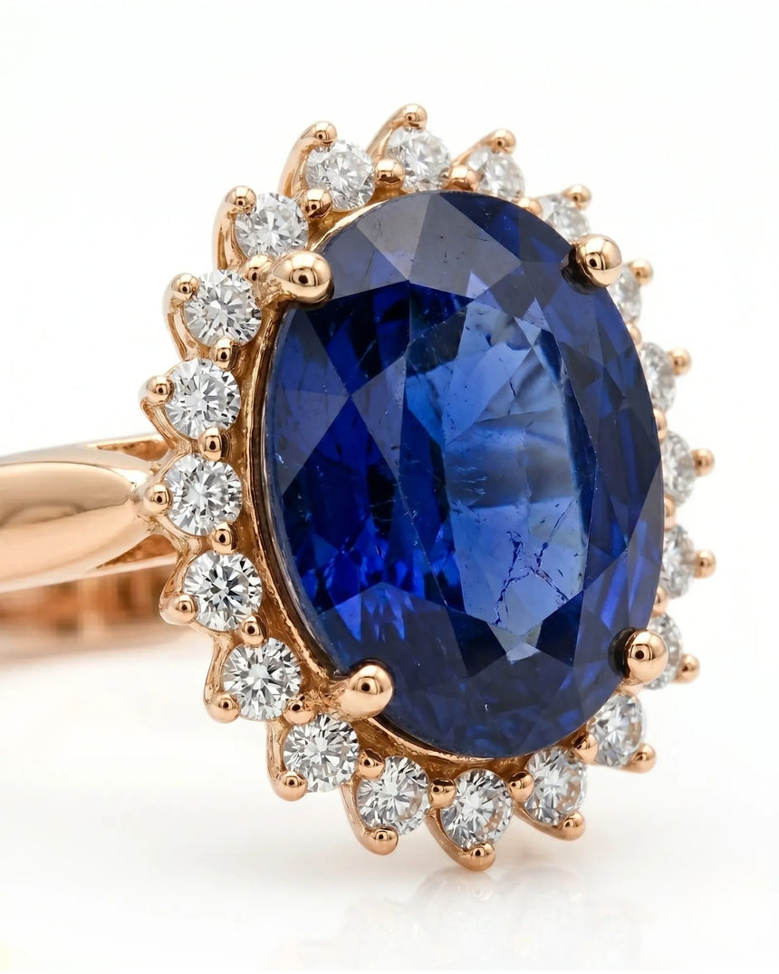 Deep blue oval sapphire ring with brilliant diamond frame in 18K rose gold - SARATTI