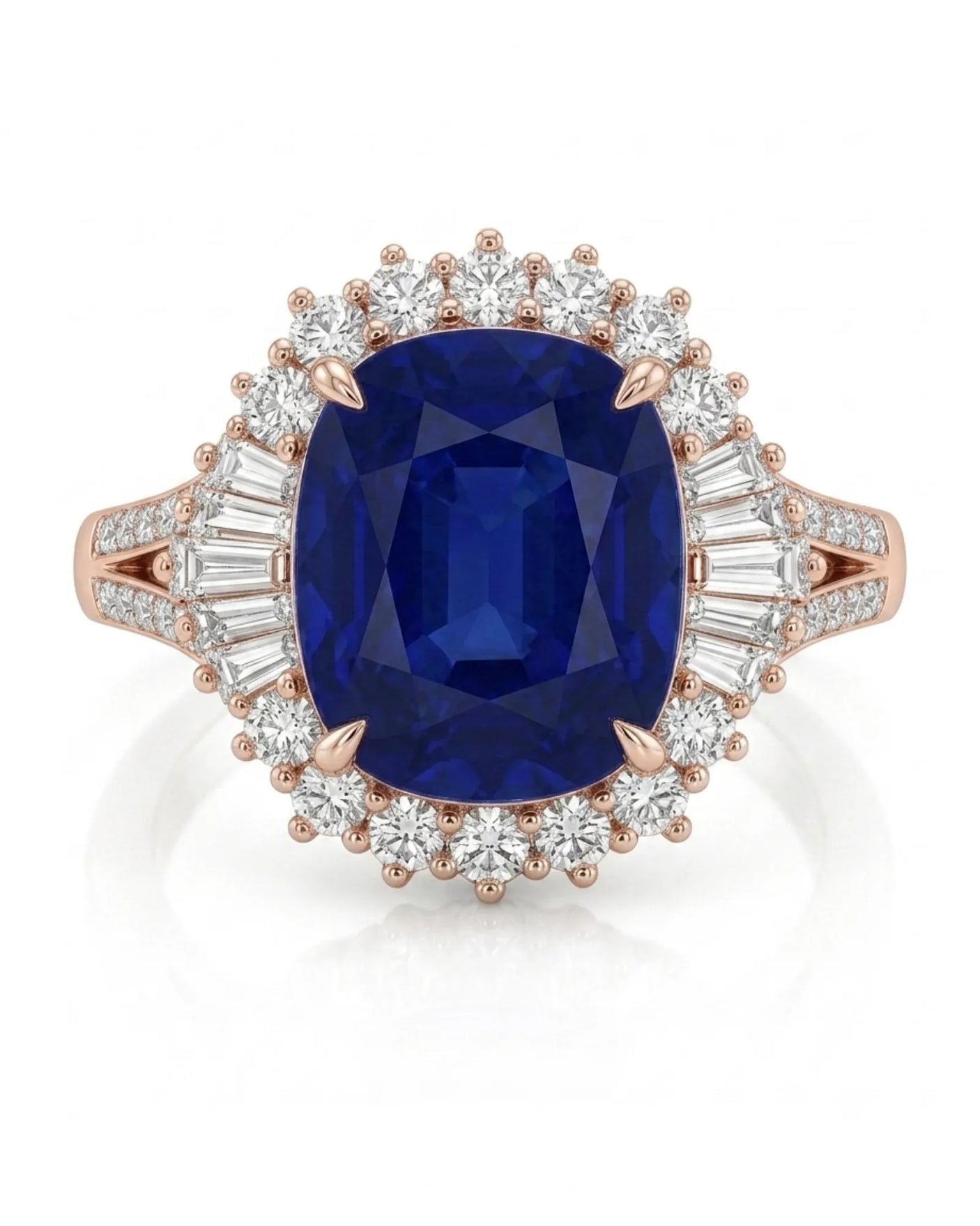 Deep royal blue sapphire contrasts beautifully with the warmth of a refined rose gold setting - SARATTI