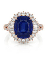 Deep royal blue sapphire contrasts beautifully with the warmth of a refined rose gold setting - SARATTI