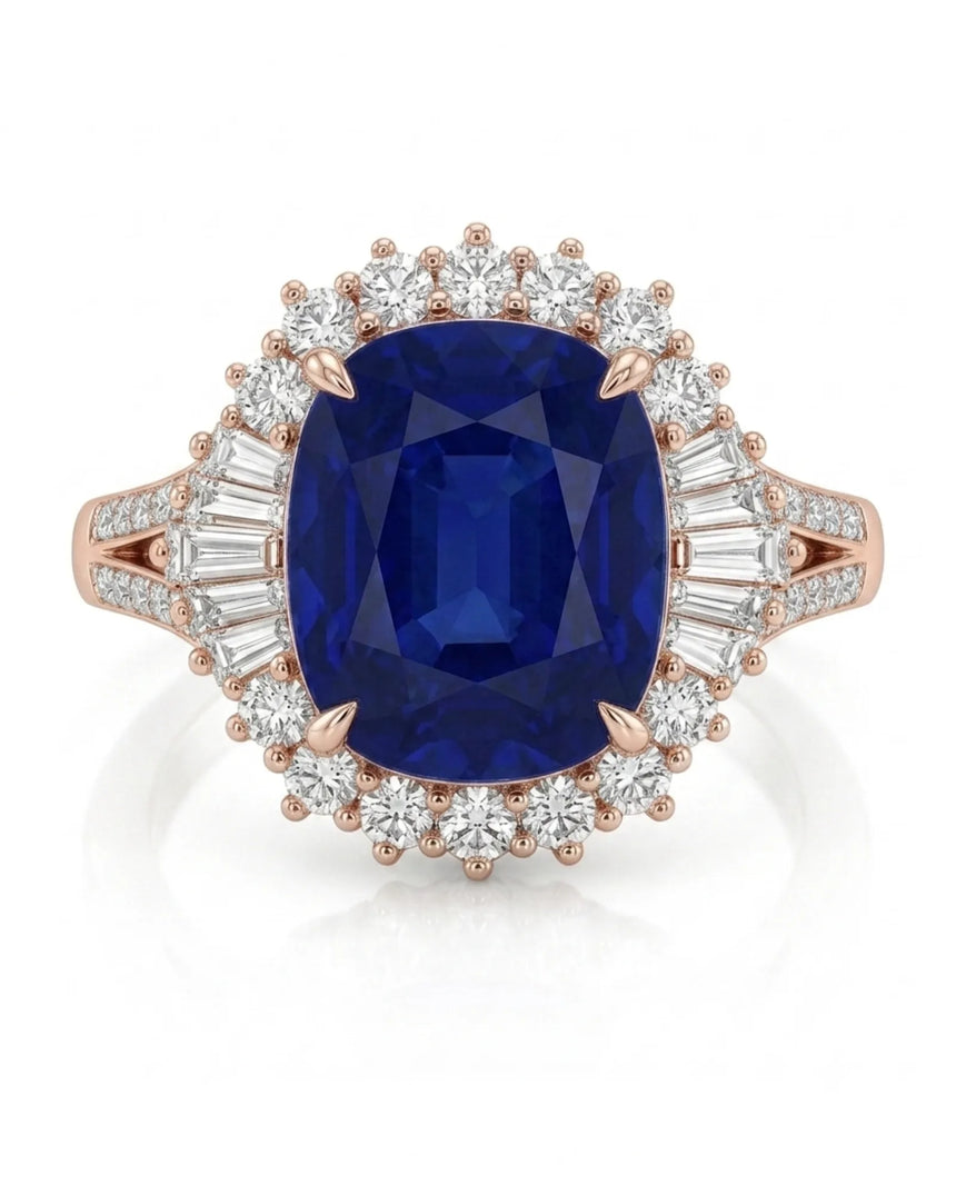 Deep royal blue sapphire contrasts beautifully with the warmth of a refined rose gold setting - SARATTI