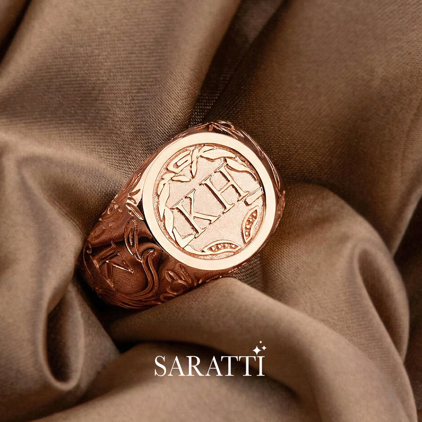 Mens initial ring handcrafted vintage design in 18K rose gold | SARATTI