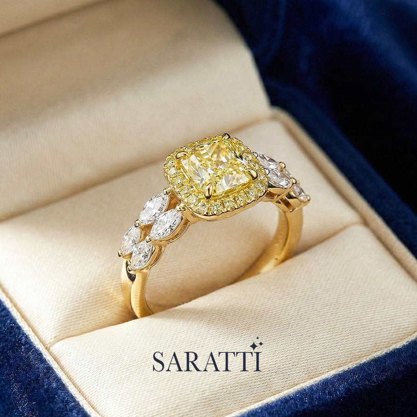 Yellow diamond promise ring inside luxury box yellow gold | SARATTI