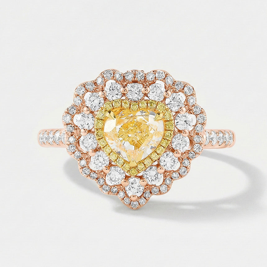 Vintage Yellow Diamond engagement ring worn on hand luxury handcrafted ring in 18K rose gold | SARATTI