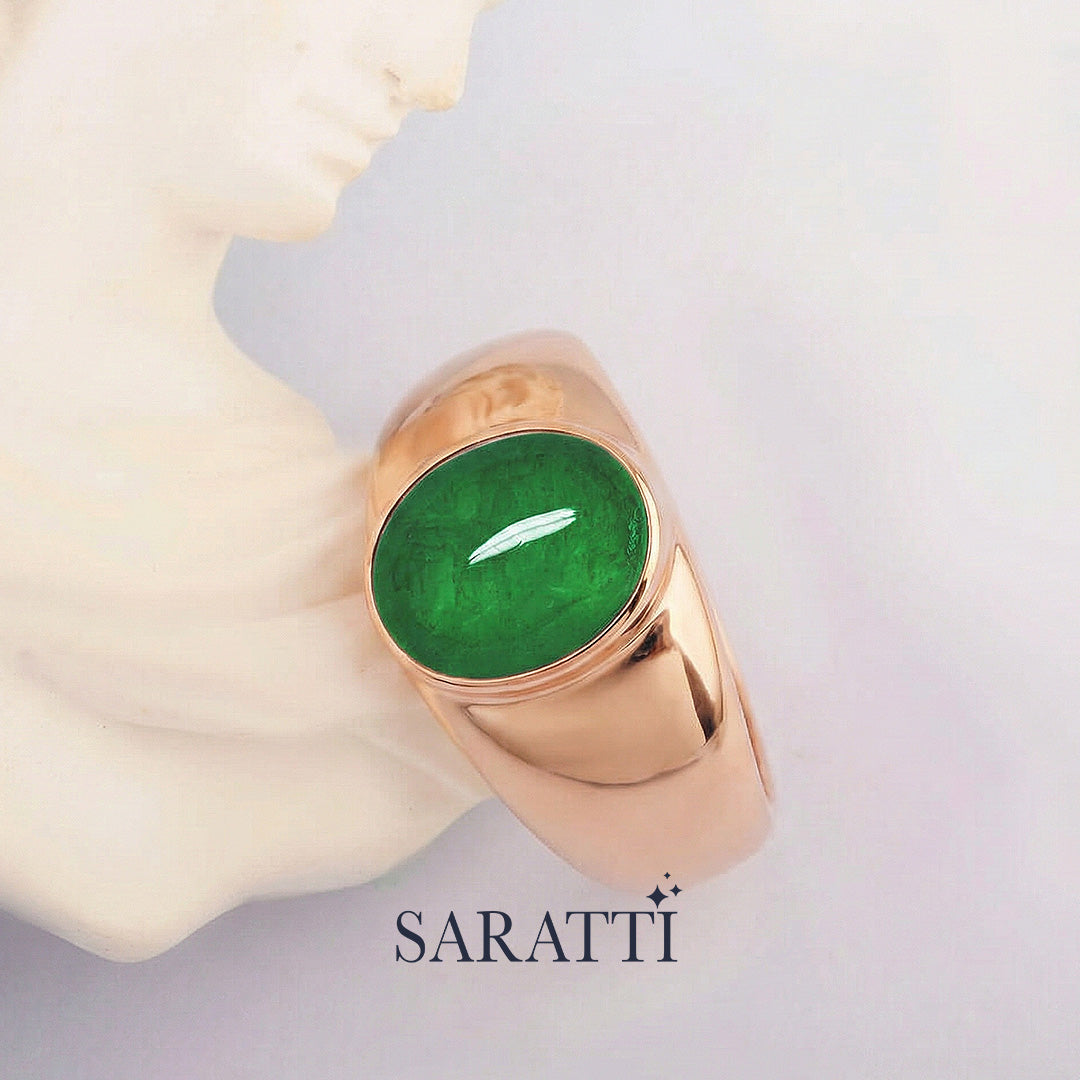 Mens emerald ring oval cabochon handcrafted design in 18K rose gold | SARATTI