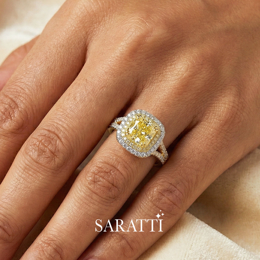 Cushion Fancy Yellow Split Shank diamond ring worn on hand luxury handcrafted ring in 18K yellow gold | SARATTI