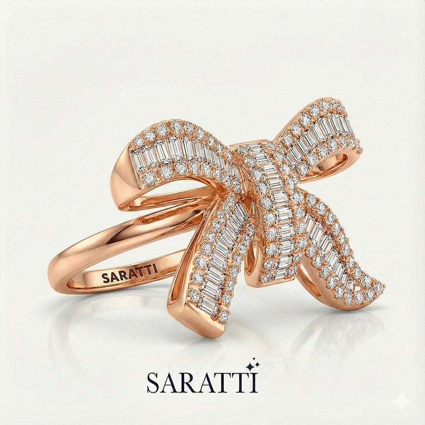 18K Rose gold for angled baguette diamond engagment ring on grey background | SARATTI