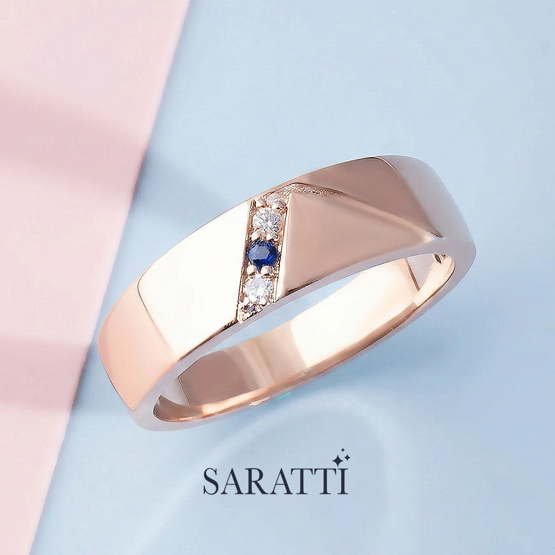 6mm men diamond and sapphire three stone ring handcrafted design in 18K rose gold | SARATTI