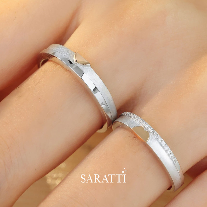 Brushed Gold Heart Wedding Duo 18K White & Rose Gold Wedding Rings For Him & Her | Saratti | Saratti Jewelry