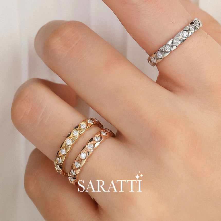 Model Stacks Three Hot Cross Diamond Eternity Bands in White, Yellow and Rose Gold | Saratti 