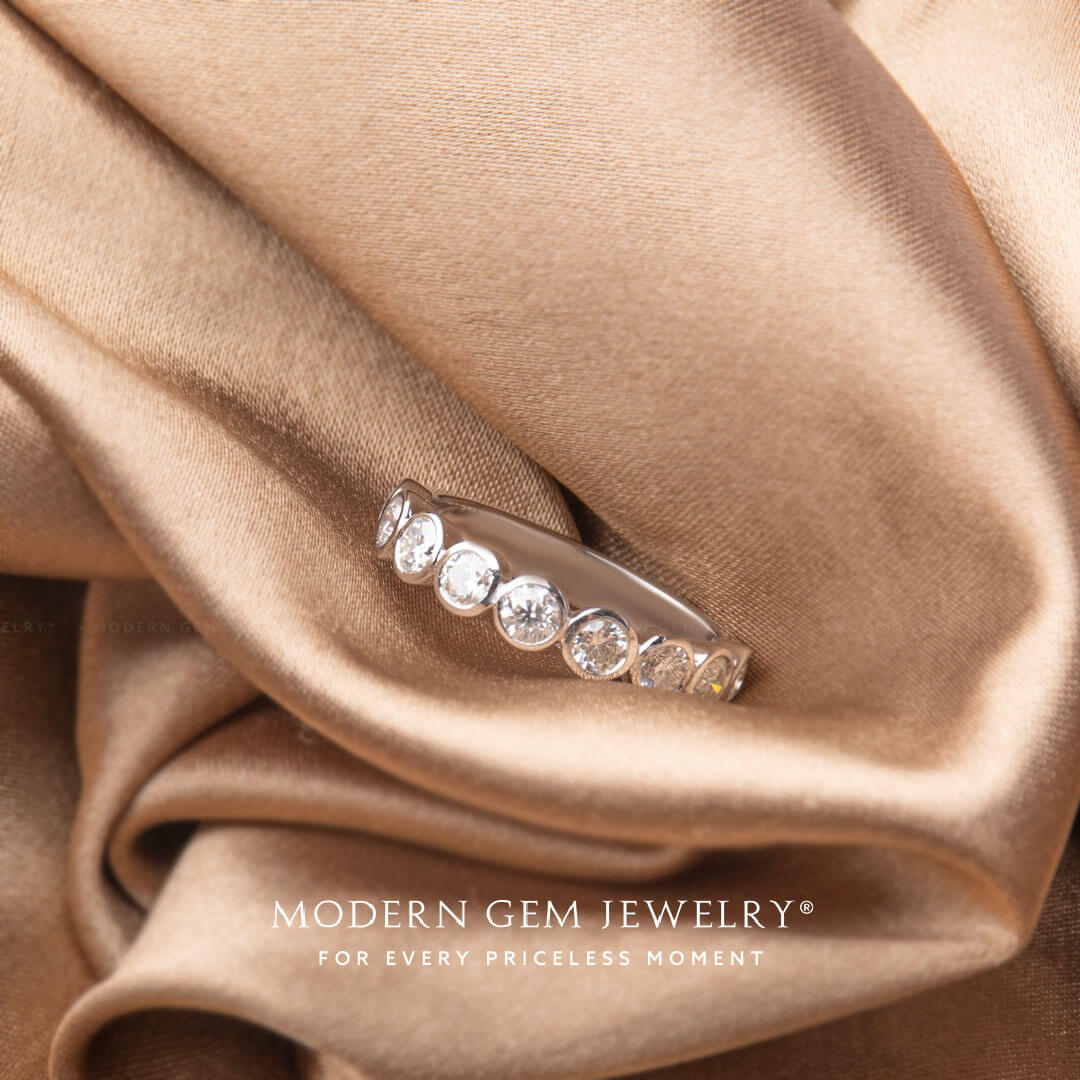 Sparkling Half Eternity Diamond Band on Brown Silk Sheet | Modern Gem Jewelry | Saratti 
