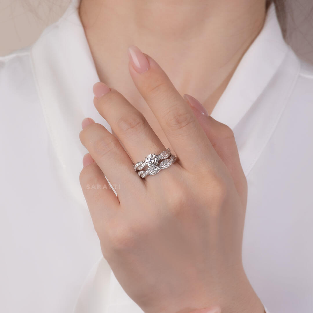 Stackable 18K White Gold Floating Diamond Eternity Ring Bridal Set on Model's Hand | Saratti