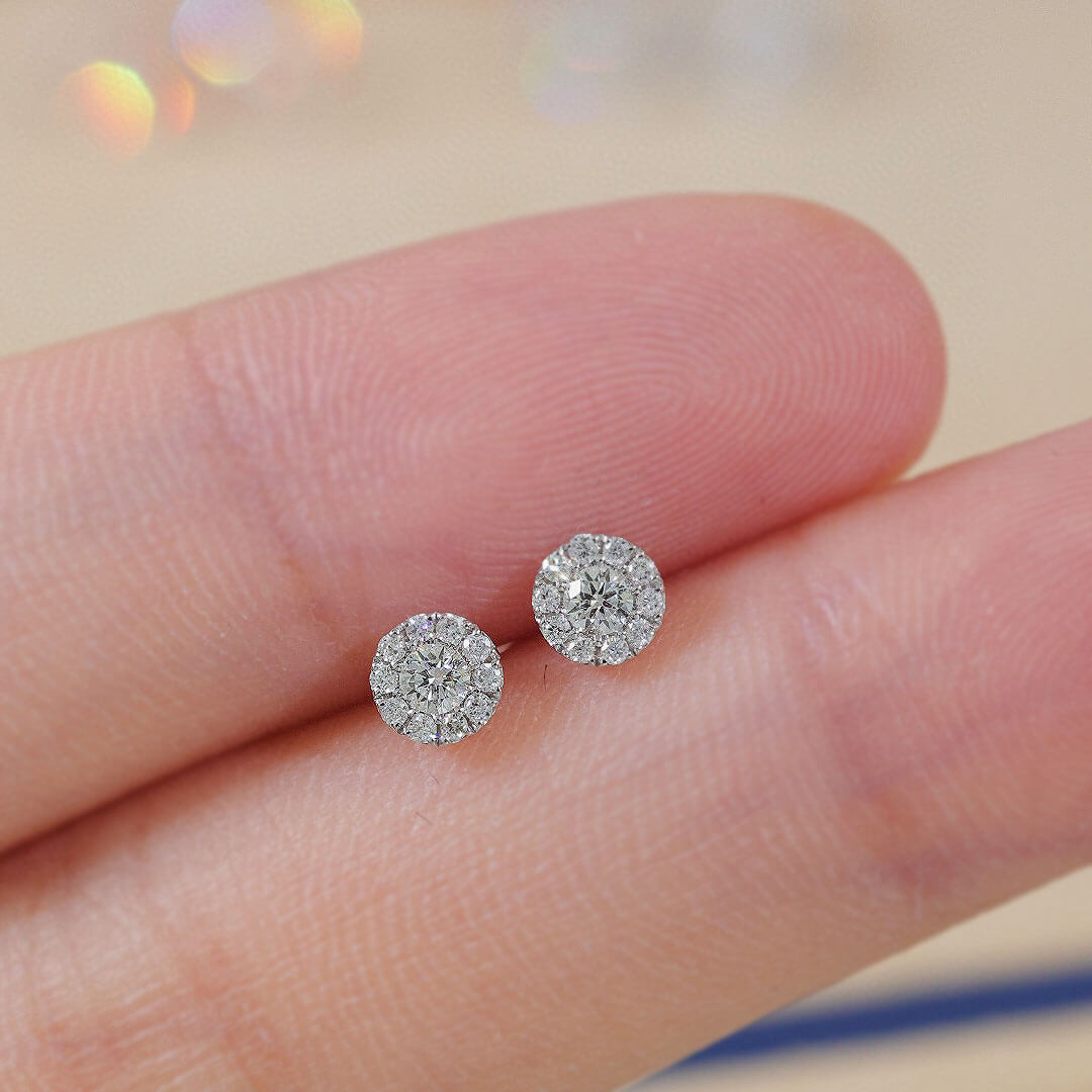 Round Halo Diamond Earrings on Model's Finger | Saratti | Custom High and Fine Jewelry 