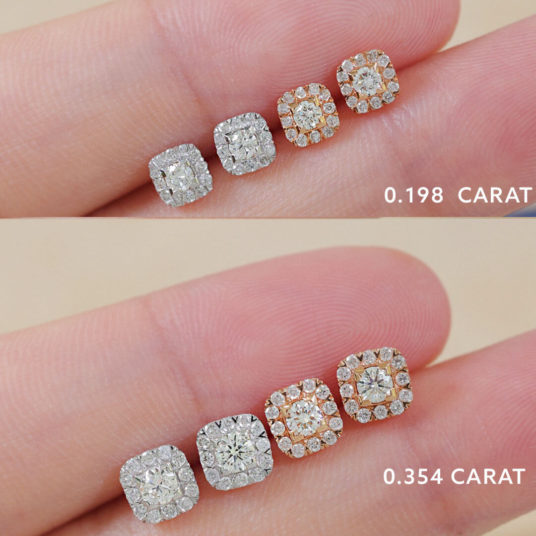  Square Shaped Tiny Diamond Stud Earring Set on Model's Finger  | Saratti | Custom High and Fine Jewelry