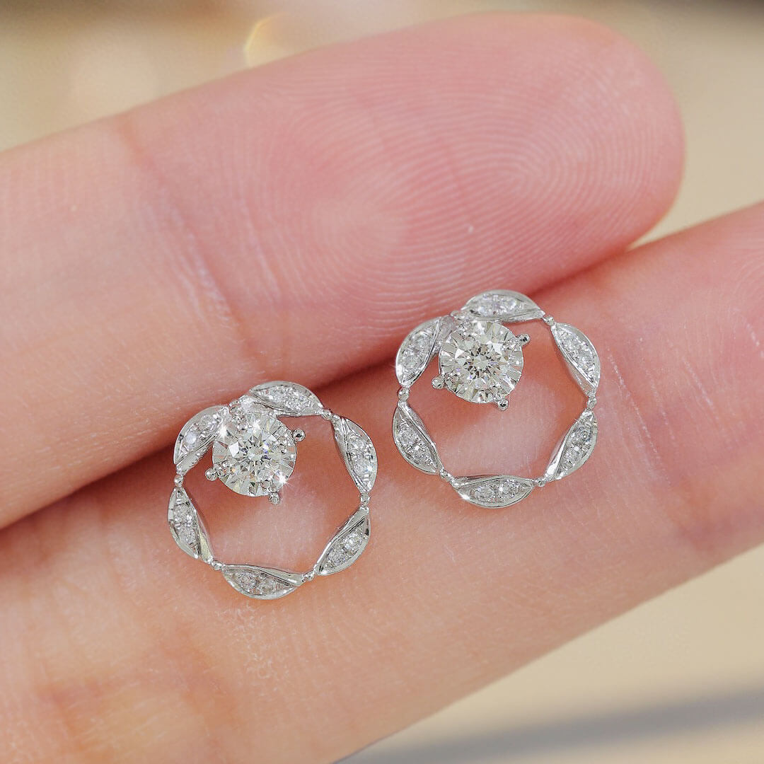 Floral Design Round Diamonds 18K White Gold Earrings | Saratti