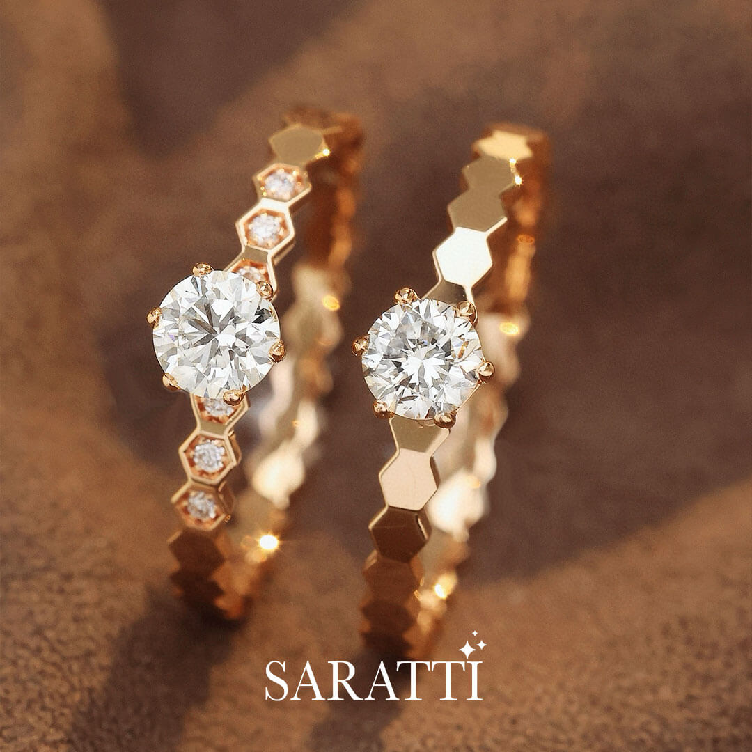  Prong Set Rose Gold Diamond Engagement Rings Side by Side | Saratti 
