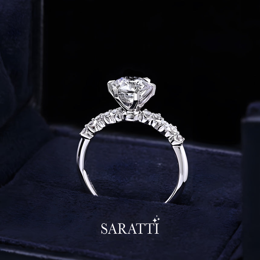 Unique Diamond Engagement Ring with Round Natural Diamond in 18K White Gold | Saratti