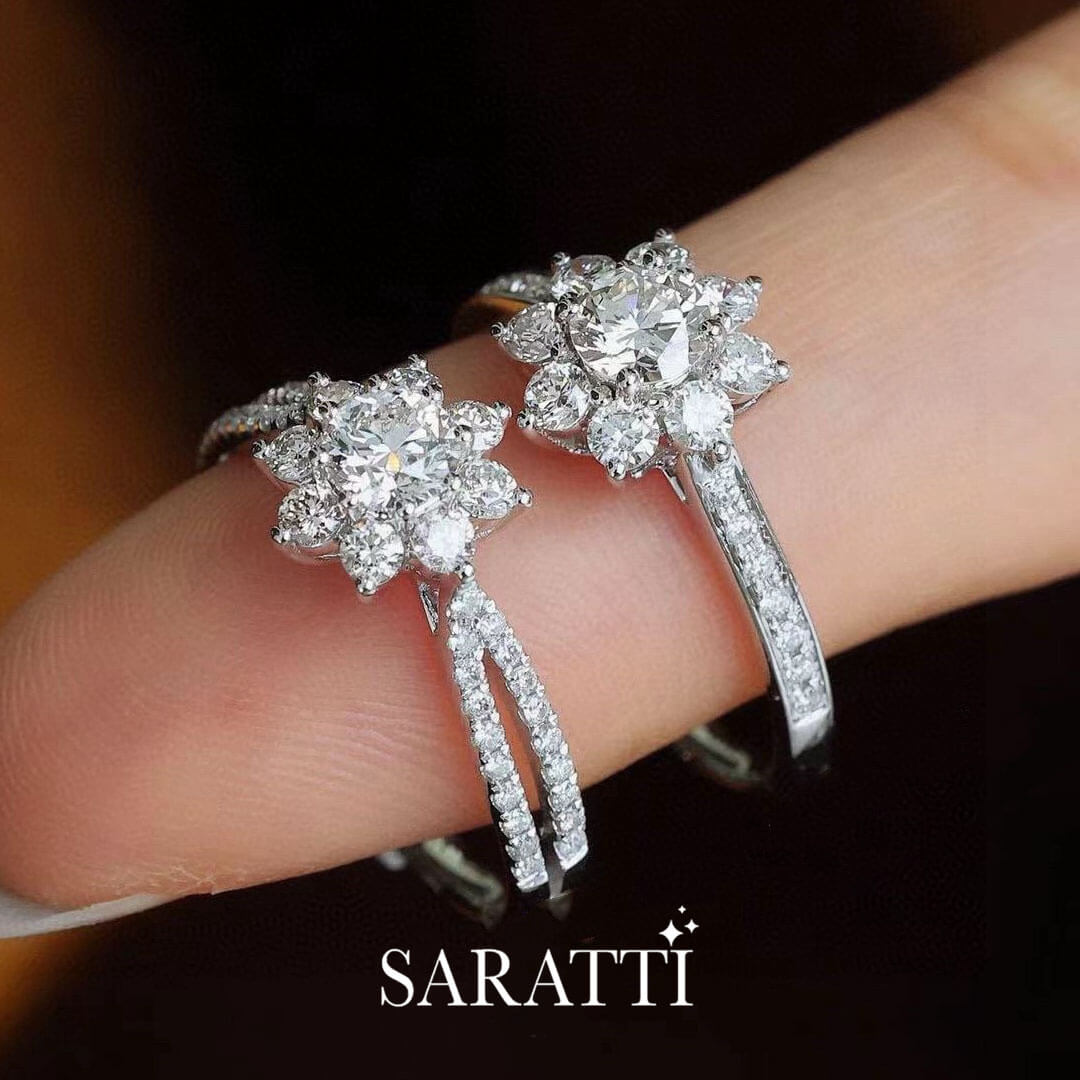 Model displays the White Gold Fortune Compass Natural Diamond Engagement Ring on her finger | Saratti Diamonds 