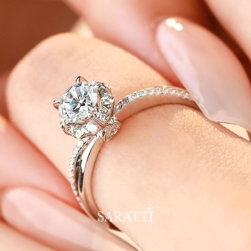 【Haku】White Diamond Halo Platinum Ring | Saratti Jewelry