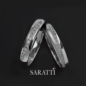 Two White Gold Oblong Channel Set Diamond Eternity Wedding Bands against each other | Saratti