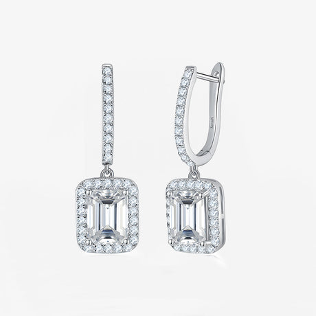 Emerald Cut Moissanite Halo Drop Earrings in Silver | Saratti