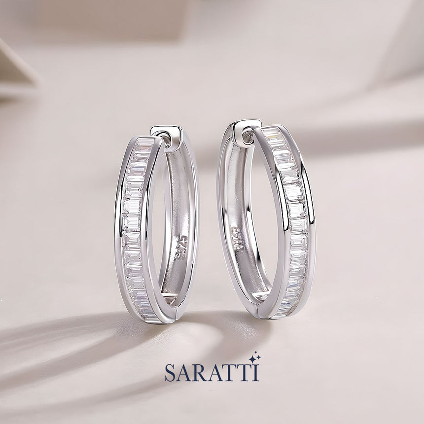 Linear Frost Moissanite Hoops in Sterling Silver