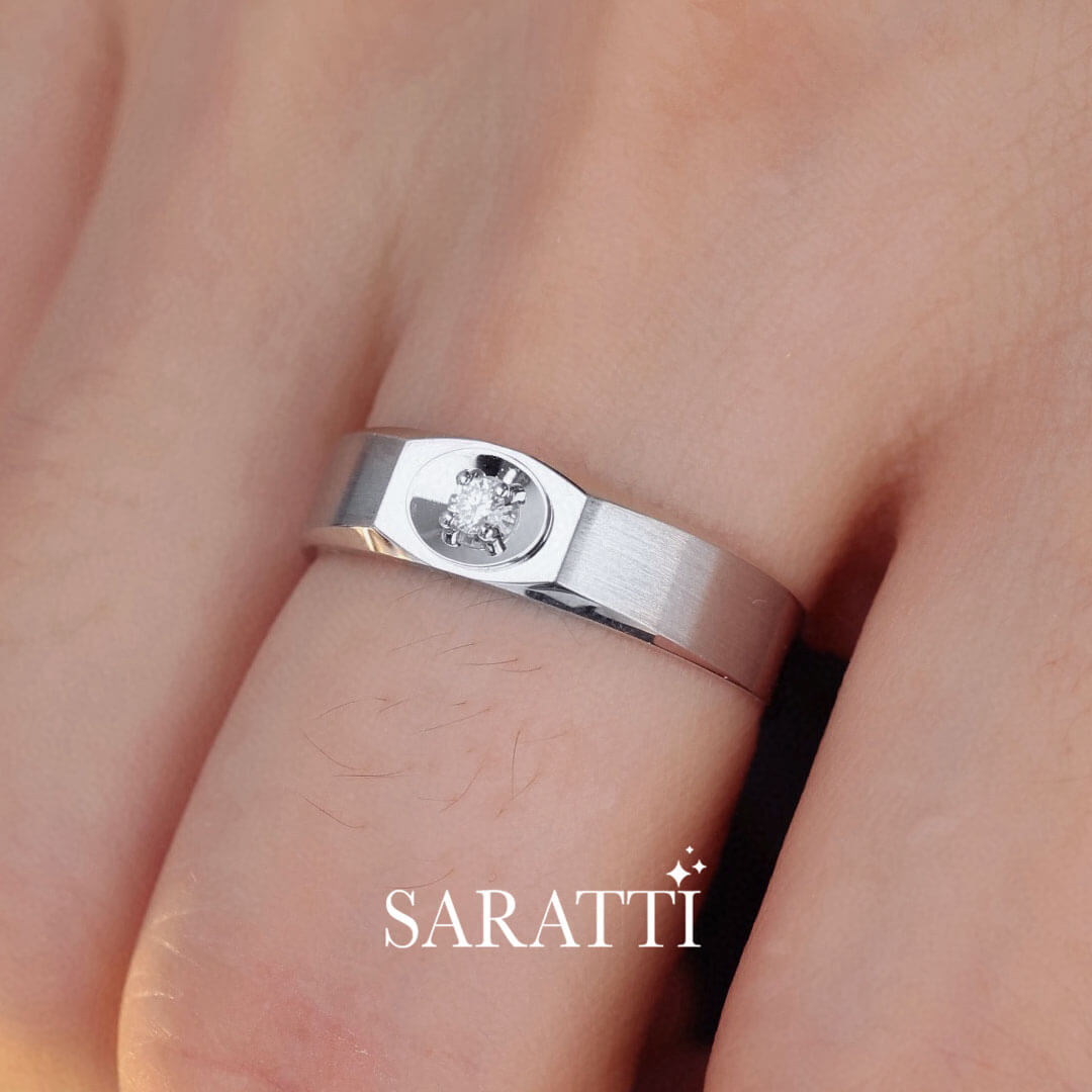 Model Wears White Gold Prong Set Art Deco Diamond Dome Ring for Men | Saratti 