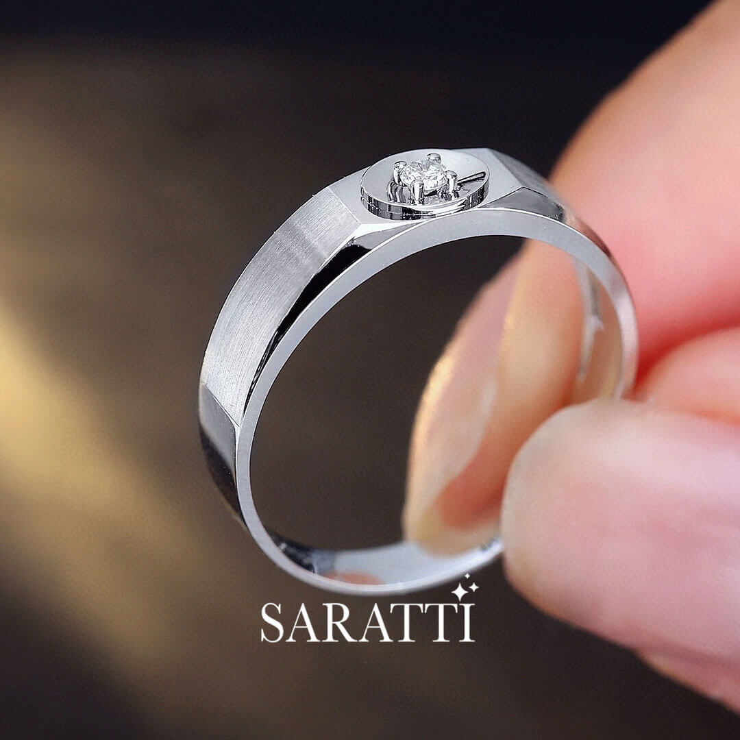 Model Shows White Gold Prong Set Art Deco Diamond Dome Ring for Men | Saratti 