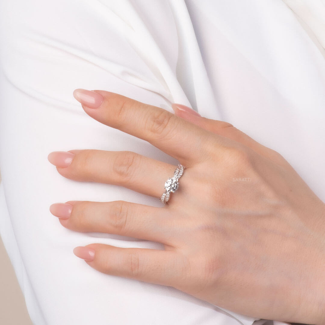 Model Wearing 18K White Gold Twisted Shank Diamond Engagement Ring | Saratti